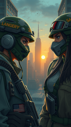 Angry soldiers with masks in city warzone.