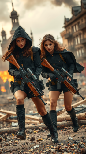 Angry women soldiers in war-torn city.