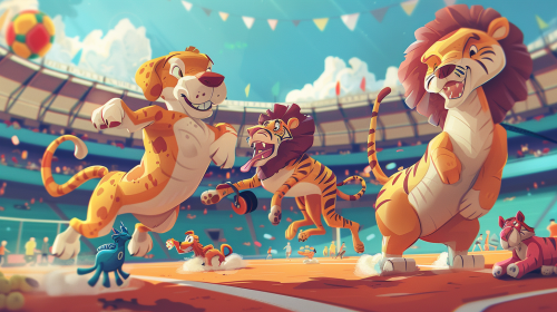 Animals exercising together in colorful stadium.