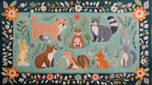 Animals in Forest Carpet: Whimsical Folk Art Scene
