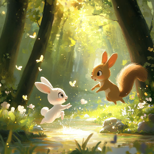 Animals play near shimmering river in lively forest Animals play near shimmering river in lively forest