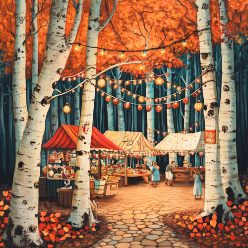 Animals shopping at cozy forest farmers market