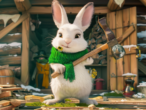 Animated animals building house with hammer, rabbit supervising.