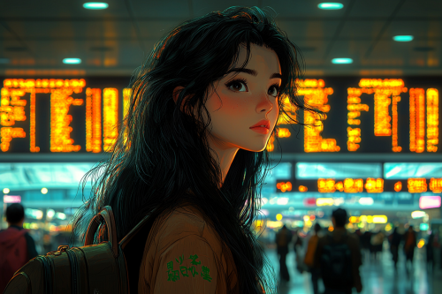 Animated anime scene at busy airport with woman.