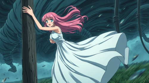 Anime Girl Clinging to Pole in Tornado