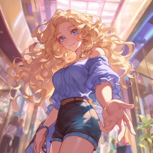 Anime Style Caucasian Woman in Mall: Dynamic Pose