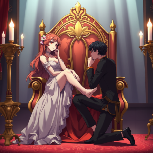 Anime Woman on Throne with Man Kissing Feet