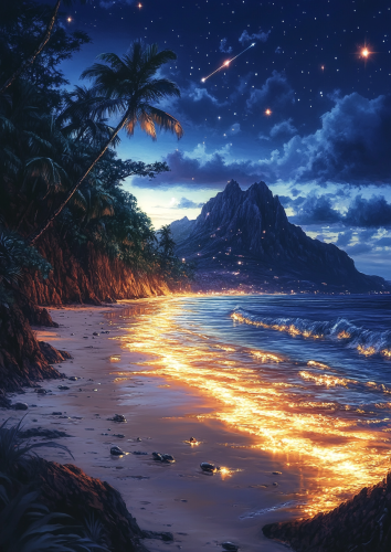 Anime beach scene with mountains, meteors and coconut trees.