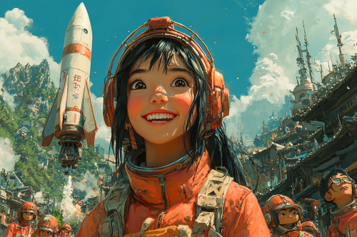 Anime characters building rocket in vibrant colors and settings.
