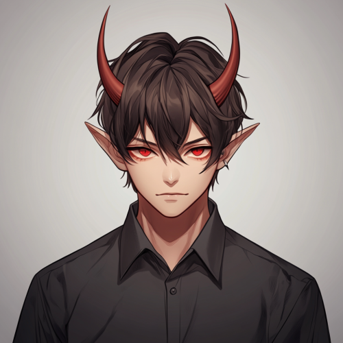 Anime portrait of confident young male employee with slant eyes, slim body, and horns.