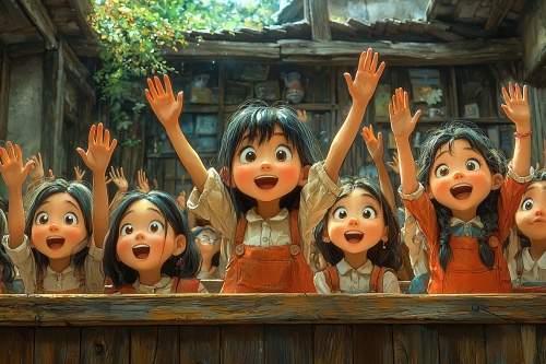 Anime style classroom of excited kids, detailed textures, high quality.