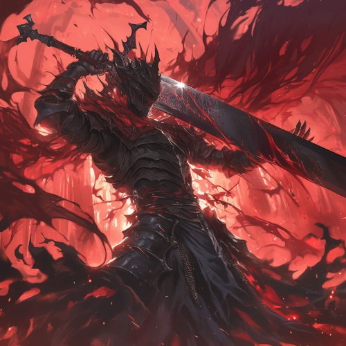 Anime style crusader with massive blade, hyperrealistic digital painting.