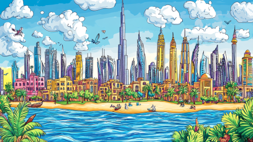 Anime style doodle art of Dubai landmarks, tourists, colors.