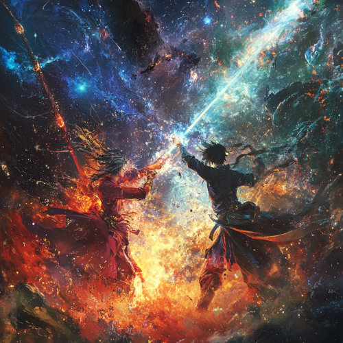 Anime-style warriors in cosmic battle among vibrant nebulae, celestial patterns, glowing constellations. Anime-style warriors in cosmic battle among vibrant nebulae, celestial patterns, glowing constellations.