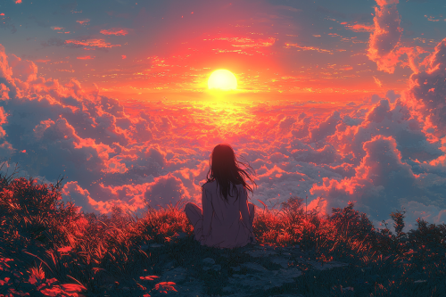 Anime: Black-haired girl on mountain watching sunset, high-quality.