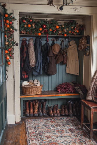 Antique farmhouse mudroom decorated for Christmas season