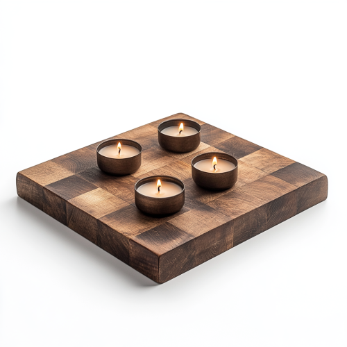 Antique wooden board holds candles and accessories.
