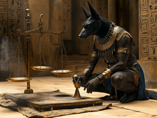 Anubis adjusting Egyptian scales next to him.