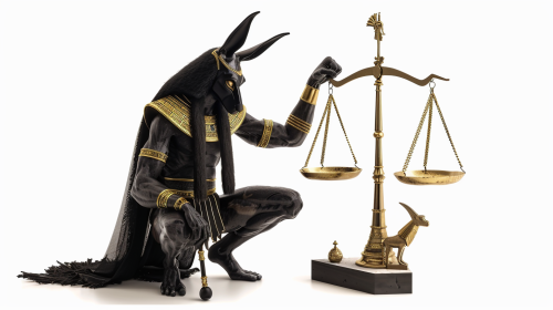 Anubis adjusting gold and black Egyptian scales.
