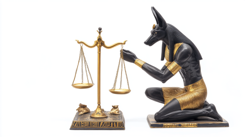 Anubis adjusts ornate Egyptian scales on white.