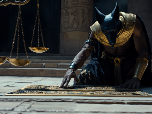 Anubis holding Egyptian scales in gold and black
