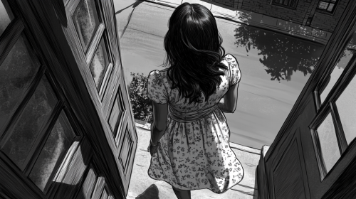 Apretty lady in a summer dress leaving building