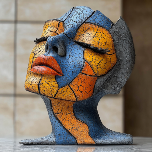 Arabian face sculpture on table with abstract texture.