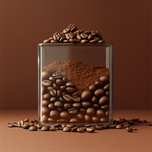 Arabica coffee beans and coffee powder in container.