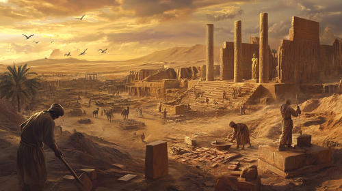 Archaeologists Excavating Ancient Mesopotamian Ruins at Sunset Archaeologists Excavating Ancient Mesopotamian Ruins at Sunset