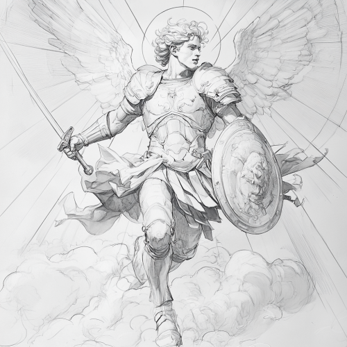 Archangel Michael Defeats Satan in Dramatic Line Art