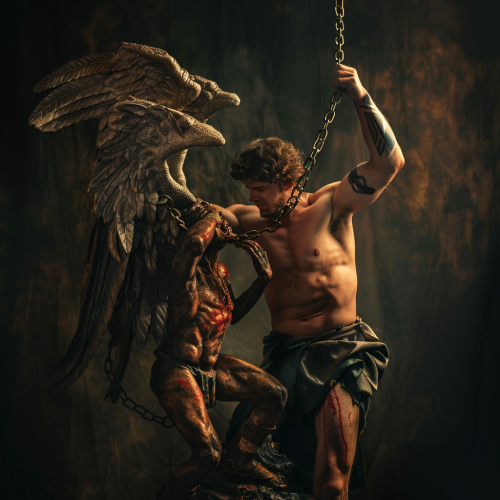 Archangel Michael gripping devil's neck with chain, holding spear.