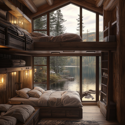 Architectural design of cabin with lake view, cozy beds. Architectural design of cabin with lake view, cozy beds.