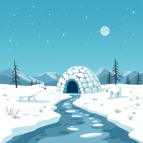 Arctic tundra with snow yeti, polar bear, igloo