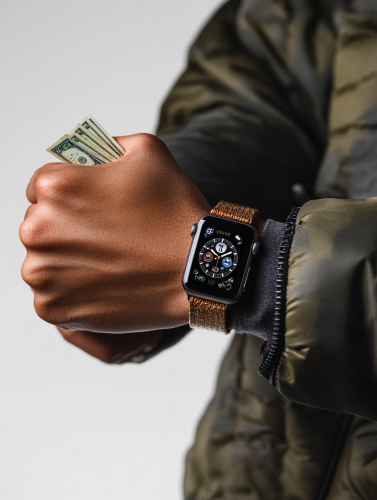Arm with money, apple watch.