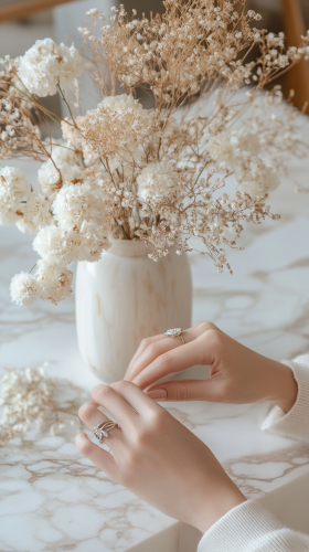 Arranging flowers in fancy boutique with wedding rings on
