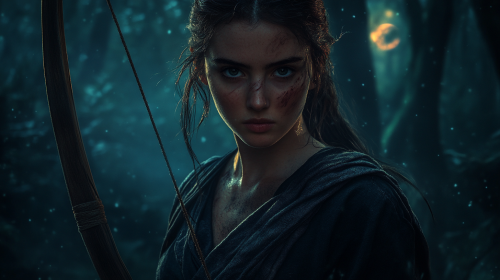 Artemis with Her Bow in Moonlit Forest