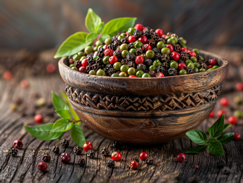 Artful Display of Kampot Peppercorns on Rustic Wood