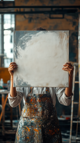 Artist holding canvas with paint, face hidden