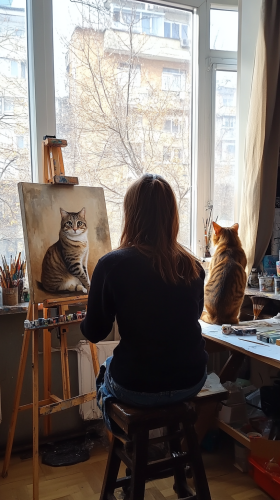 Artist painting pet portraits with child and cat