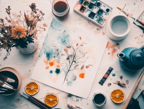 Artistic Workspace with Natural Elements and Supplies Artistic Workspace with Natural Elements and Supplies