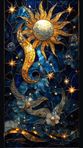 Artistic depiction of night sky with celestial elements.