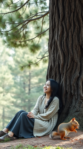 Asian Lady Conversation with Pine Tree in Fantasy World