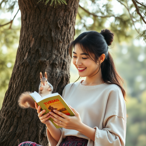 Asian Lady Enjoys Reading Under Pine Tree