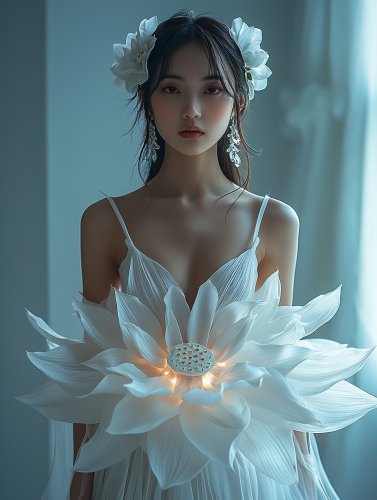 Asian Woman Surrounded by Lotus Petals on White