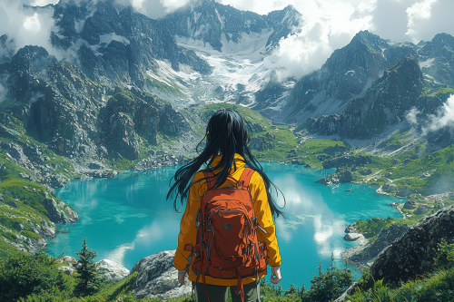 Asian girl in yellow jacket near teal lake.