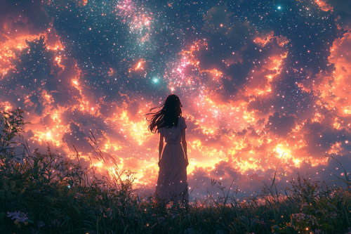Asian girl with black hair staring at night sky. Asian girl with black hair staring at night sky.