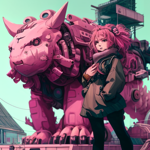 Asian mexicana android overlooking futuristic neon metropolis.