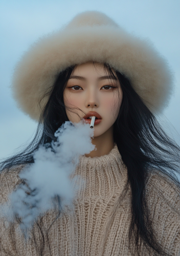 Asian woman in white hat and brown sweater