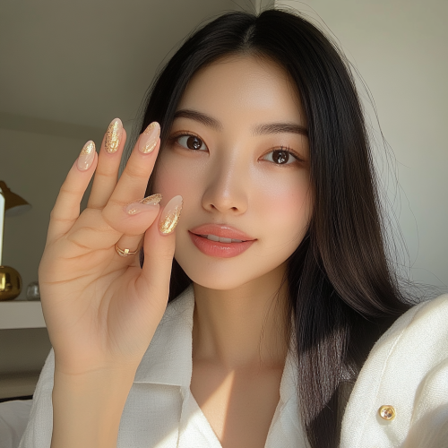 Asian woman showing new nails, gold accent line, neutral pink base, casual white top, candid photo. Asian woman showing new nails, gold accent line, neutral pink base, casual white top, candid photo.
