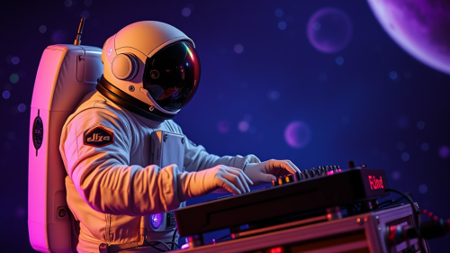 Astronaut Holding DJ Pioneer flx4 in Galaxy
